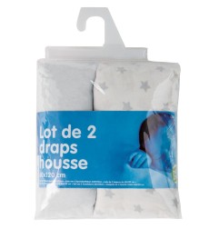 LOT DE 2 DRAPS HOUSSE IMPRIME ETOILE GRISE + UNI G