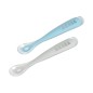 LOT DE 2 CUILLERES 1ER AGE SILICONE AVEC BOITE DE TRANSPORT BLEU