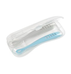 LOT DE 2 CUILLERES 1ER AGE SILICONE AVEC BOITE DE TRANSPORT BLEU