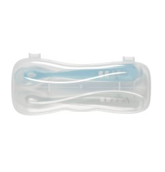 LOT DE 2 CUILLERES 1ER AGE SILICONE AVEC BOITE DE TRANSPORT BLEU