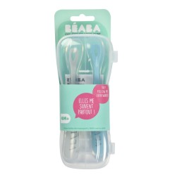 LOT DE 2 CUILLERES 1ER AGE SILICONE AVEC BOITE DE TRANSPORT BLEU