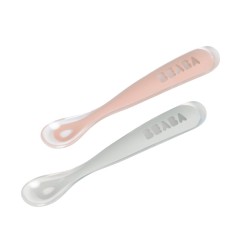 LOT DE 2 CUILLERES 1ER AGE SILICONE AVEC BOITE DE TRANSPORT ROSE