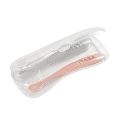 LOT DE 2 CUILLERES 1ER AGE SILICONE AVEC BOITE DE TRANSPORT ROSE