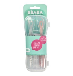 LOT DE 2 CUILLERES 1ER AGE SILICONE AVEC BOITE DE TRANSPORT ROSE
