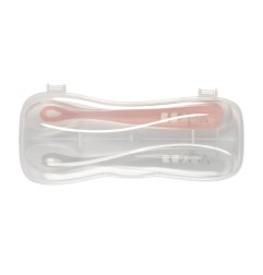 LOT DE 2 CUILLERES 1ER AGE SILICONE AVEC BOITE DE TRANSPORT ROSE