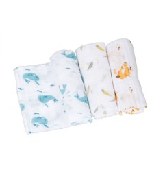 SET DE 3 LANGES IMPRIMES (RENARDS/BALEINES/PLUMES) LE VOYAGE D'OLGA