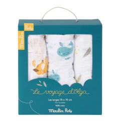 SET DE 3 LANGES IMPRIMES (RENARDS/BALEINES/PLUMES) LE VOYAGE D'OLGA