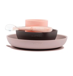SILICONE SET ASSIETTE SILICONE+BOL+VERRE+CUILLERE (ROSE, GRIS, ROSE CLAIR)