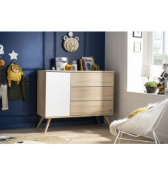 COMMODE 1 PORTE ET 3 TIROIRS BOIS VERSION TIROIRS DECOR BOIS SEVENTIES