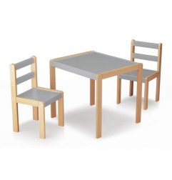 ENSEMBLE PETITE TABLE ET 2 CHAISES BOIS ET GRIS