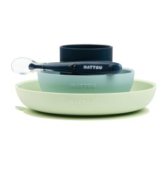 SILICONE SET ASSIETTE SILICONE+BOL+VERRE+CUILLERE(VERT-BLEU-BLEU MARINE)