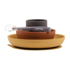SILICONE SET ASSIETTE SILICONE+BOL+VERRE+CUILLERE (OCRE-BRIQUE-GRIS)