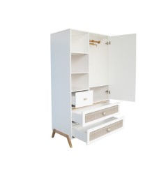 MARELIA ROTIN ARMOIRE 4 TIROIRS, ETAGERES, PENDERIE. FACADE TRESSAGE ROTIN