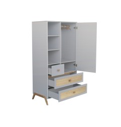 MARELIA ROTIN ARMOIRE 4 TIROIRS, ETAGERES, PENDERIE. FACADE TRESSAGE ROTIN