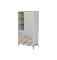 MARELIA ROTIN ARMOIRE 4 TIROIRS, ETAGERES, PENDERIE. FACADE TRESSAGE ROTIN